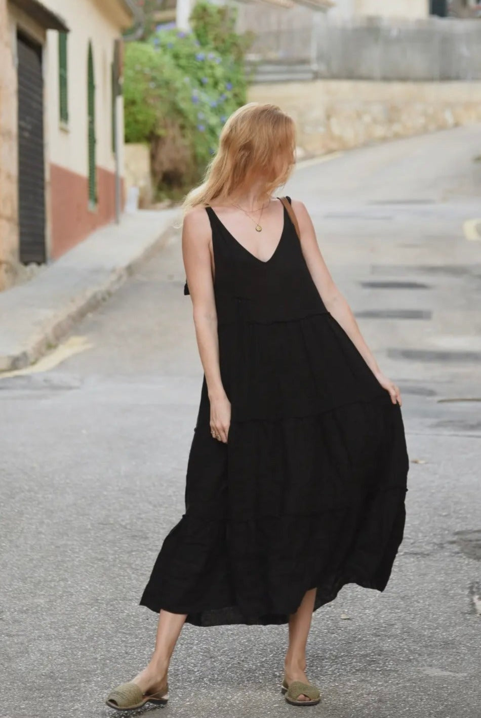 black maxi linen dress