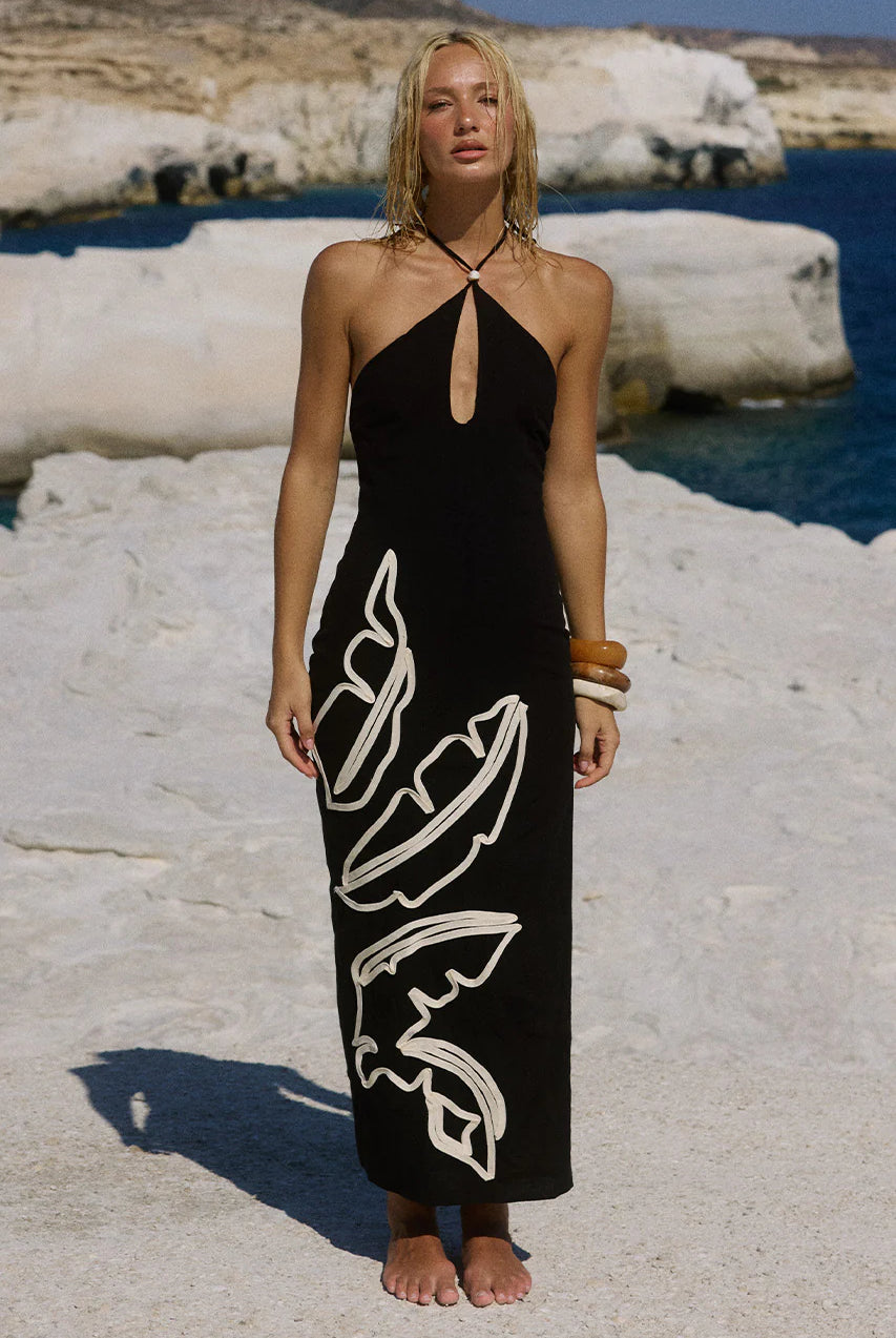 BRONTIE KEYHOLE HALTER MIDI DRESS - BLACK