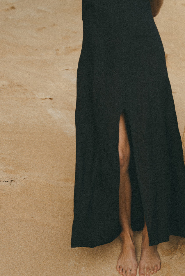 bora black maxi linen dress with open back