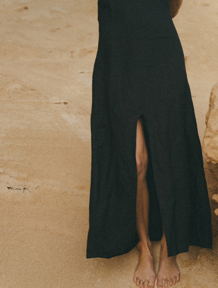 bora black maxi linen dress with open back