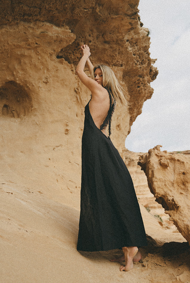bora maxi linen dress with open back