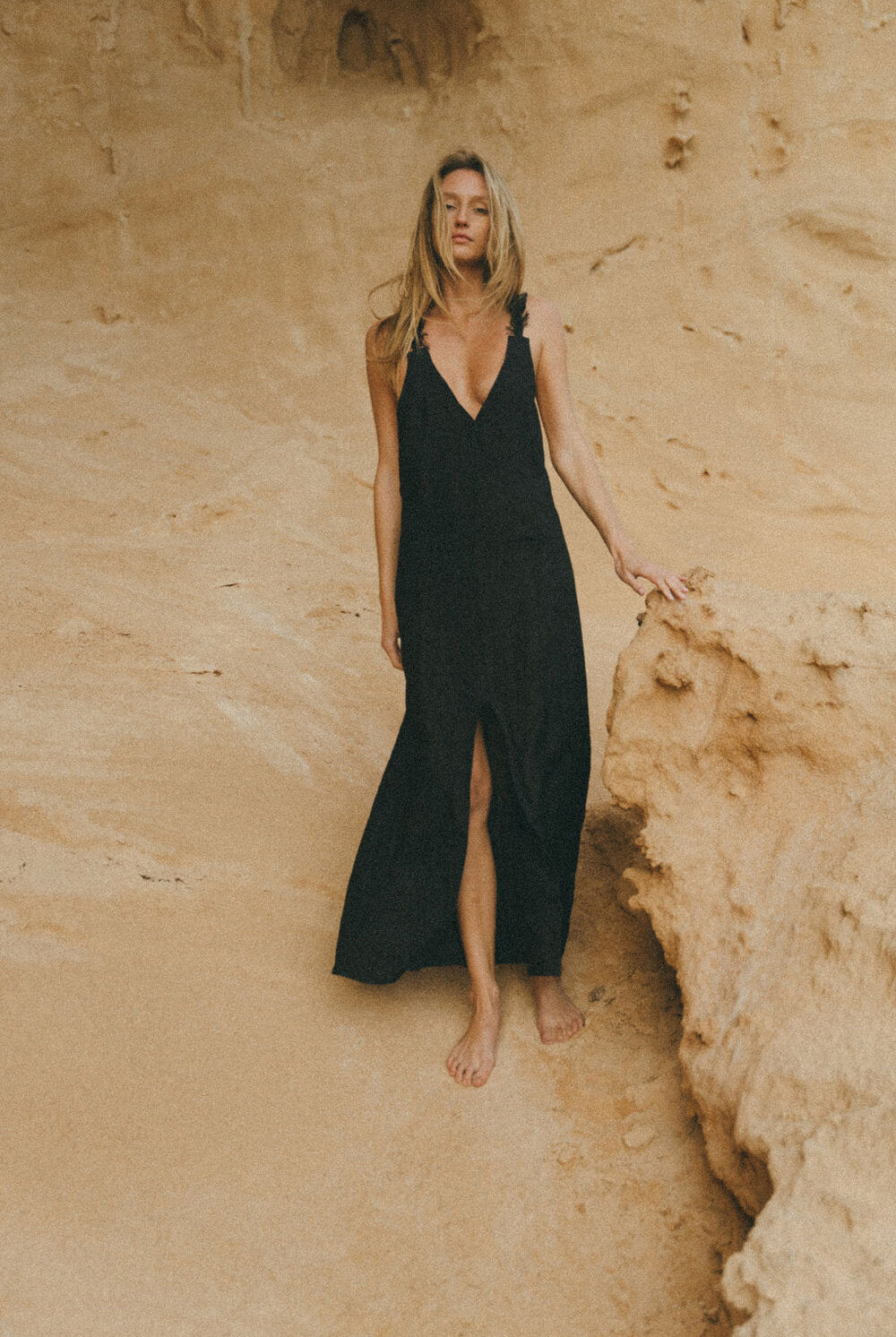 bora black maxi linen dress with open back