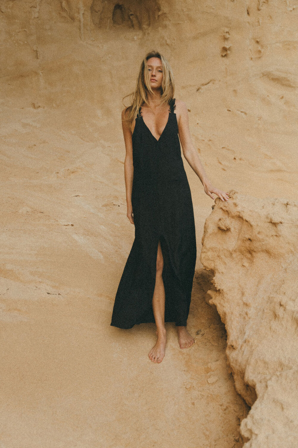 bora black maxi linen dress with open back