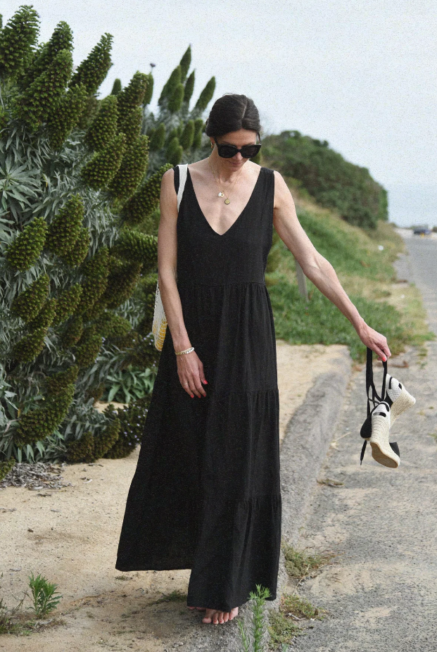 Open back black maxi linen dress