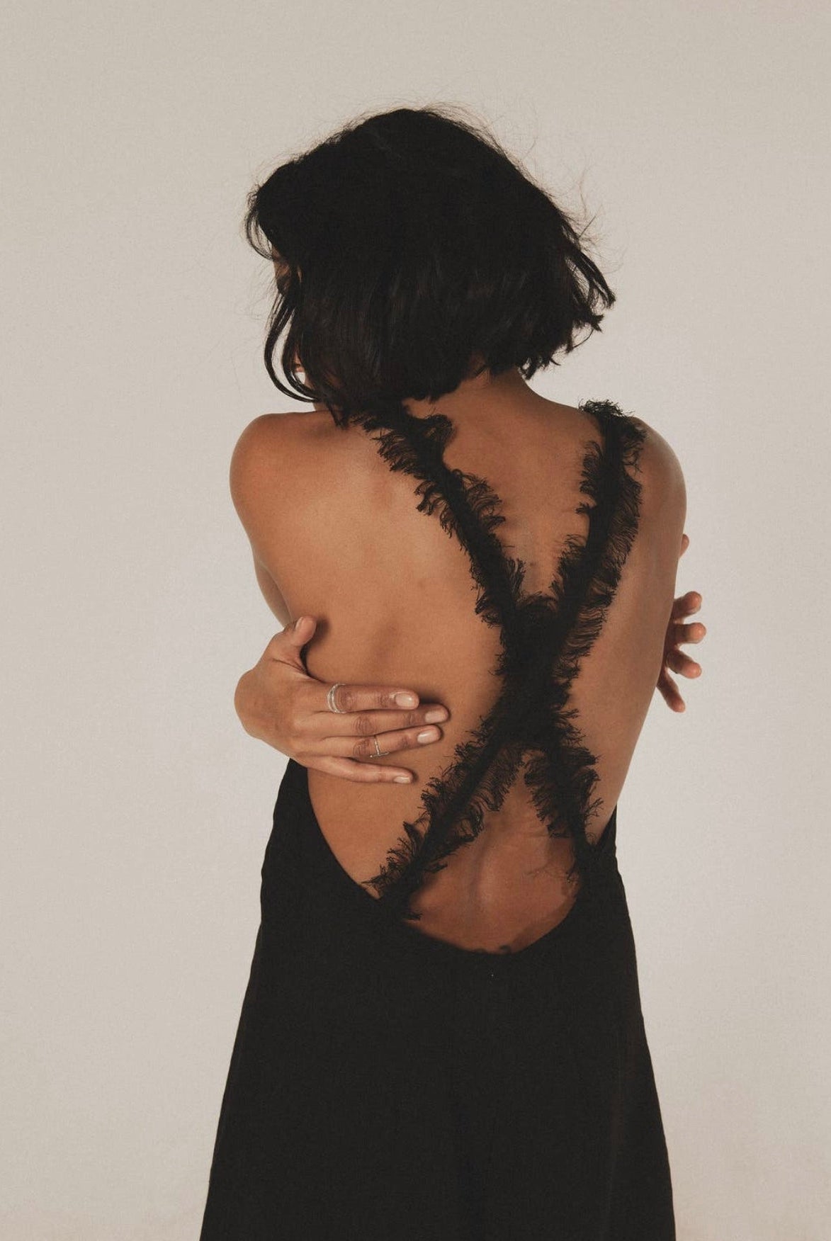 bora black maxi linen dress with open back