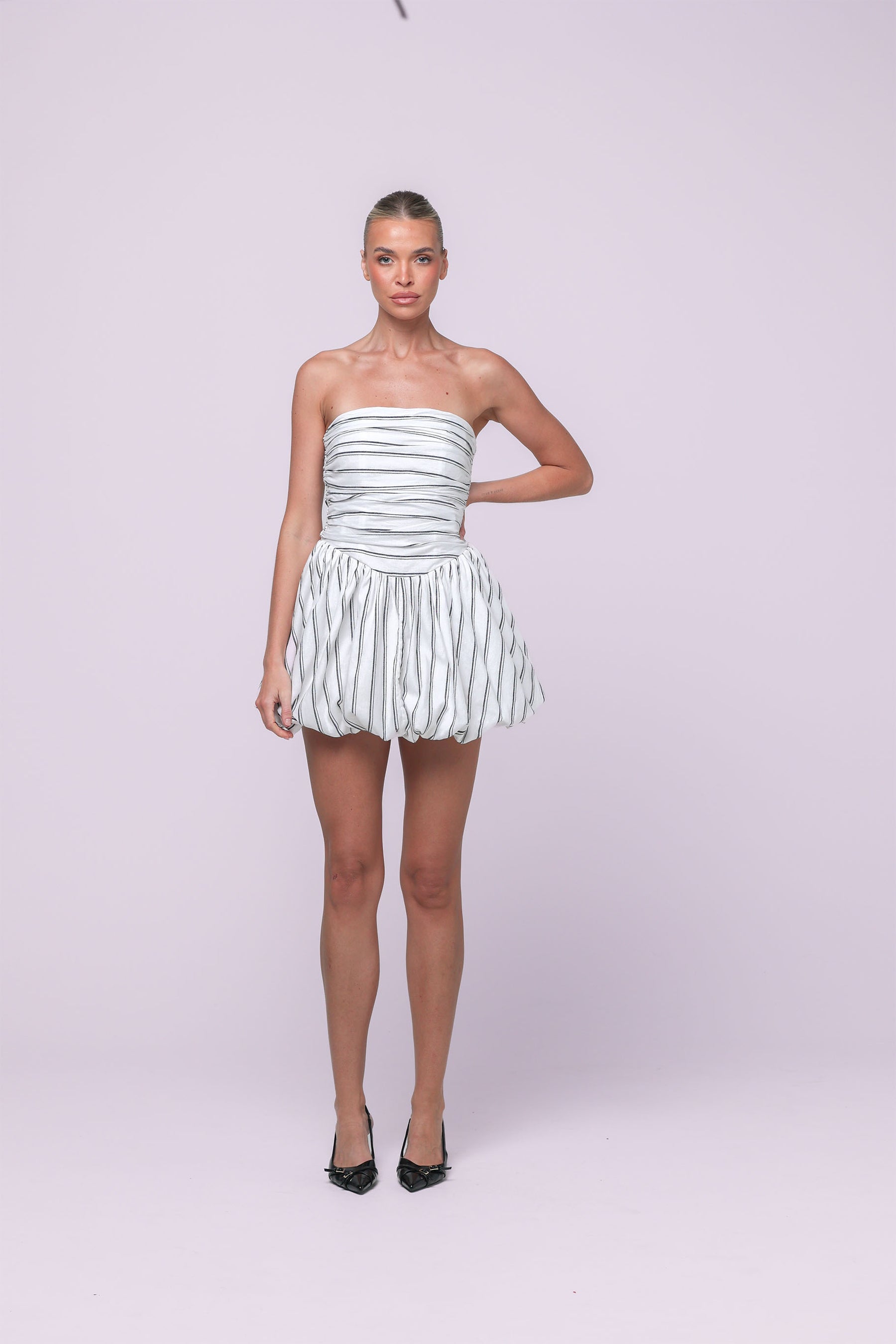 Jane Stripe Bubble Mini Dress - Noir Stripe 