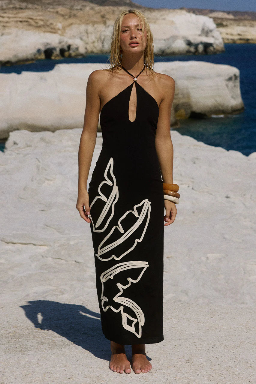 BRONTIE KEYHOLE HALTER MIDI DRESS - BLACK