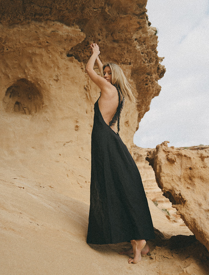 bora maxi linen dress with open back