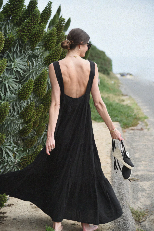 SOL SWIM Open Back Black Linen Maxi Dress